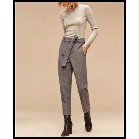 Wilfred Pants - Aritzia Wilfred Jallade Wool Blend Trouser Pants Belted Gray Herringbone 4